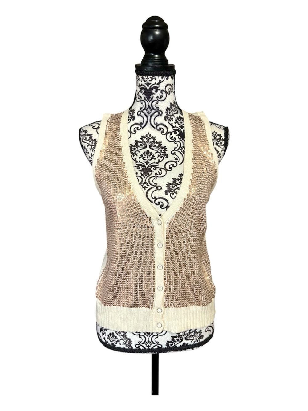 FOSSIL Rose Gold Sequin Front Knit Button Vest